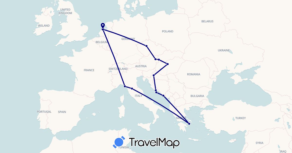 TravelMap itinerary: driving in Austria, Czech Republic, Greece, Croatia, Hungary, Italy, Netherlands, Slovakia (Europe)